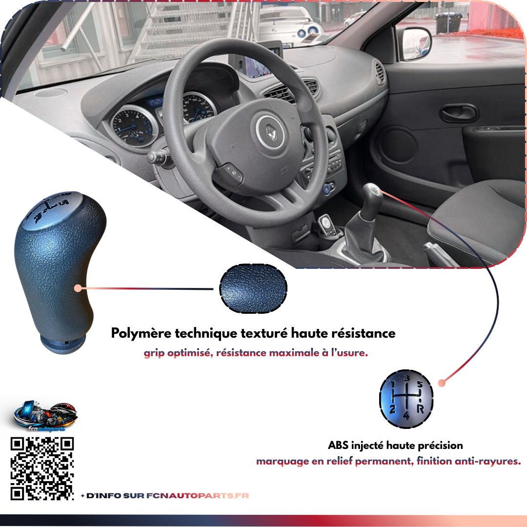 Pommeau levier de vitesse installé sur tableau de bord Renault — polymère technique texturé haute résistance et ABS injecté haute précision