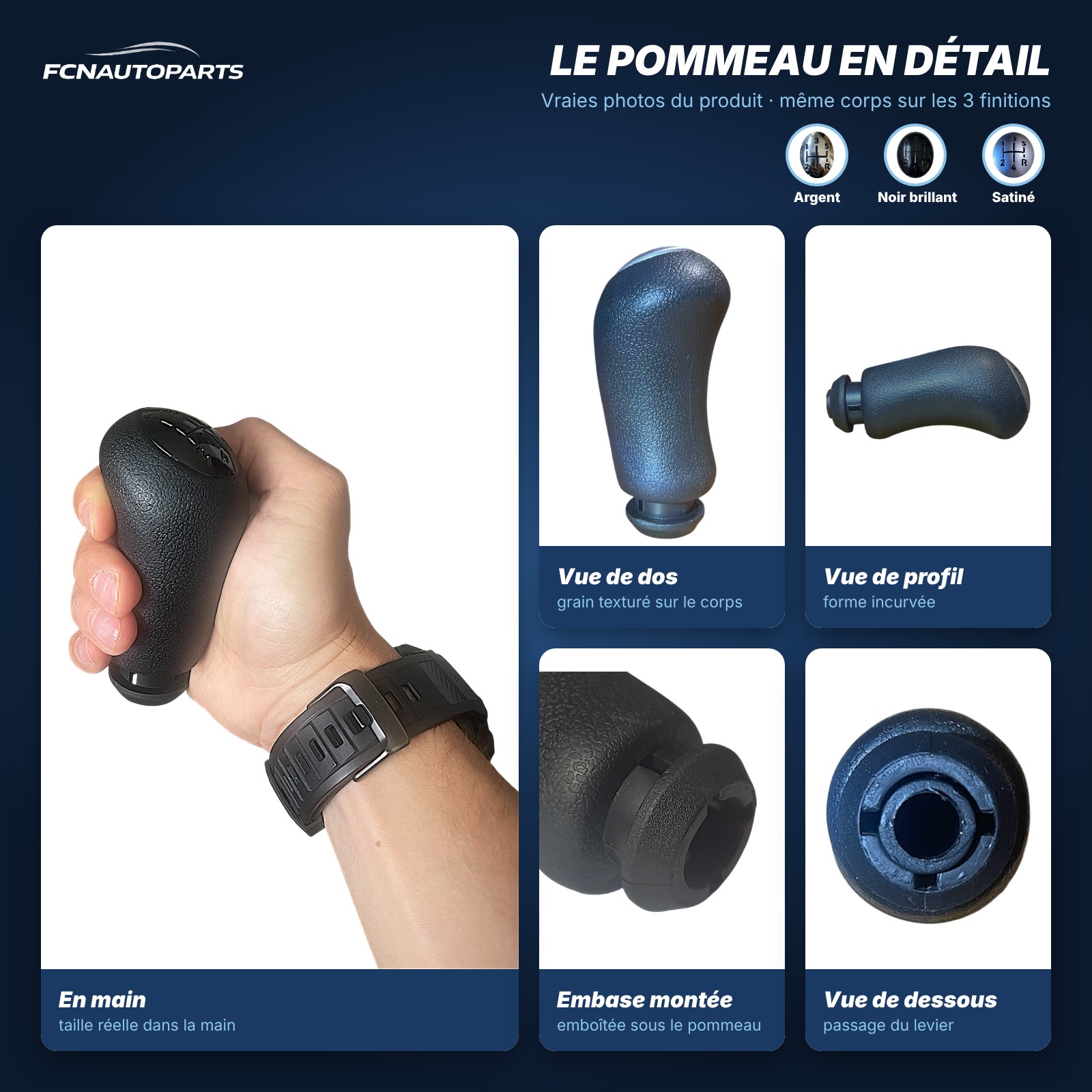Détails du pommeau de vitesse 8200379950 : en main, profil, embase et dessous