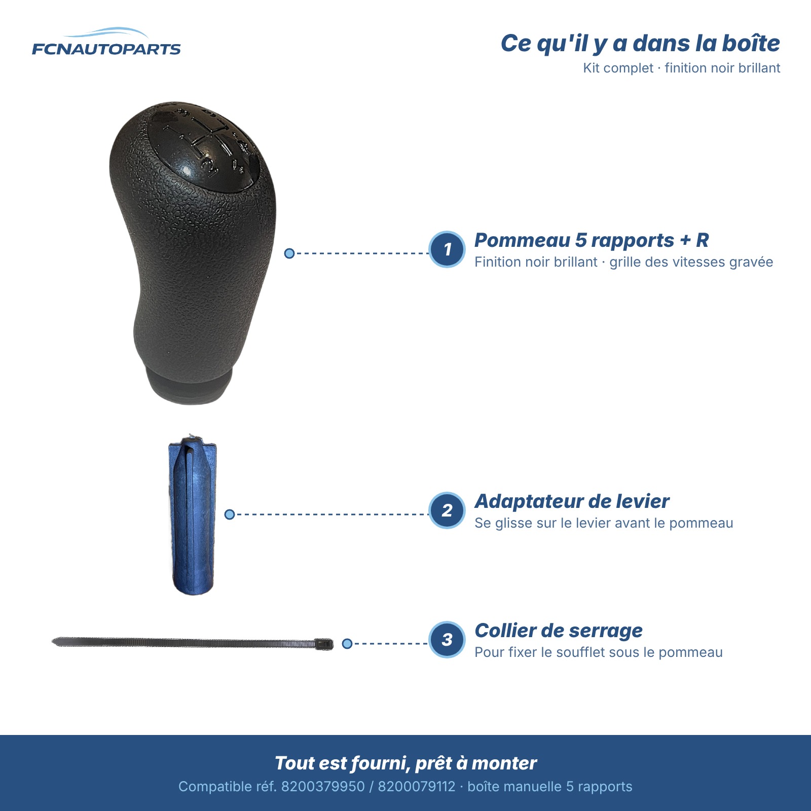 Kit pommeau de vitesse Renault 5 rapports noir brillant : pommeau, adaptateur de levier et collier de serrage